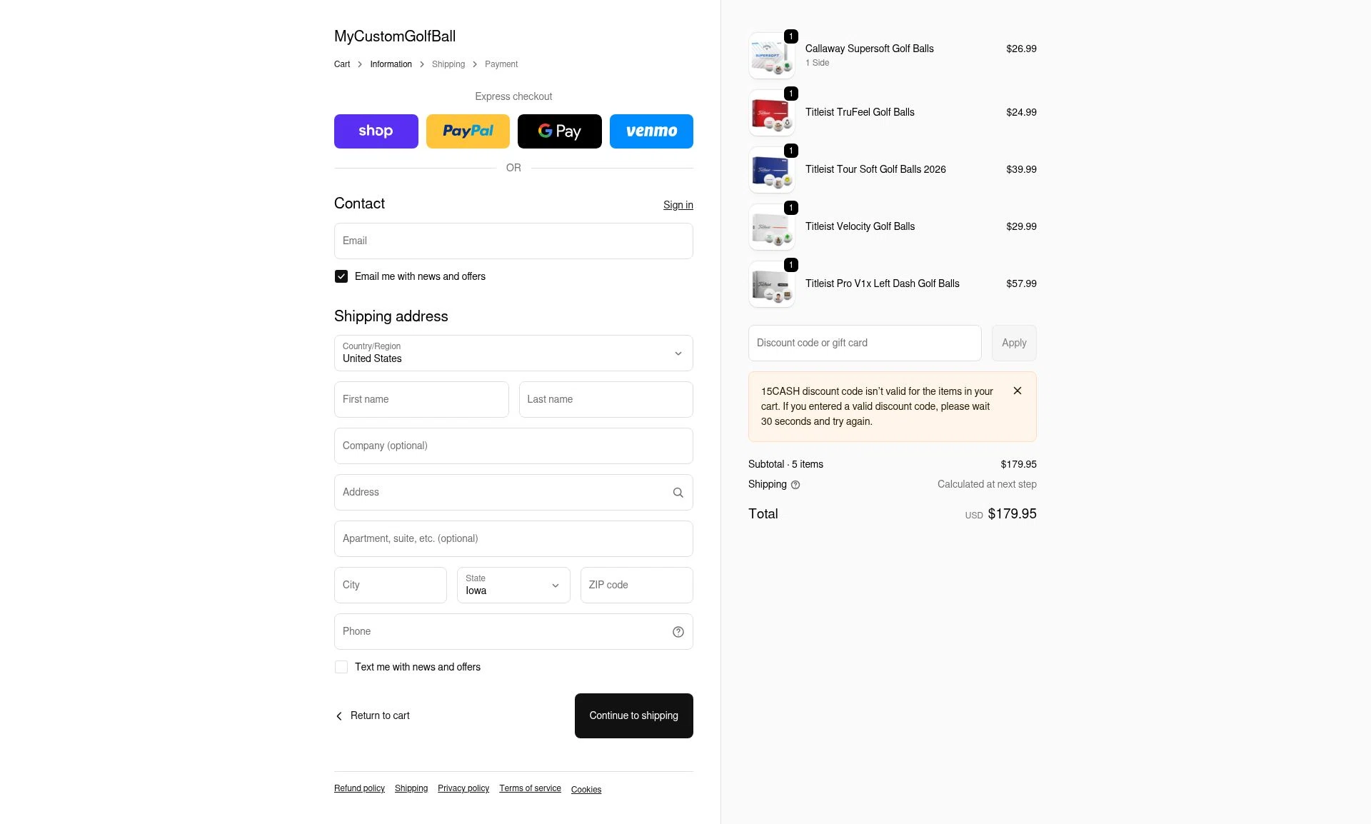 MyCustomGolfBall checkout page showing MyCustomGolfBall discount code box | Screenshot taken by SimplyCodes community member on Feb 9, 2026