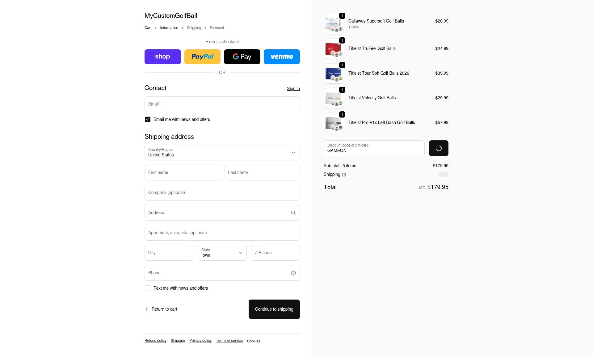 MyCustomGolfBall checkout page showing MyCustomGolfBall discount code box | Screenshot taken by SimplyCodes community member on Feb 9, 2026