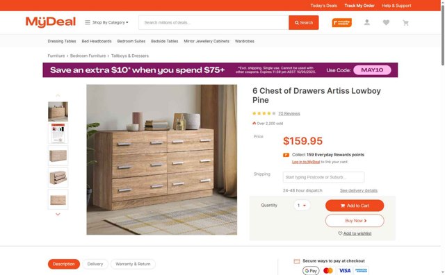 MyDeal checkout page showing MyDeal promo code box | Screenshot taken by SimplyCodes community member on May 6, 2025