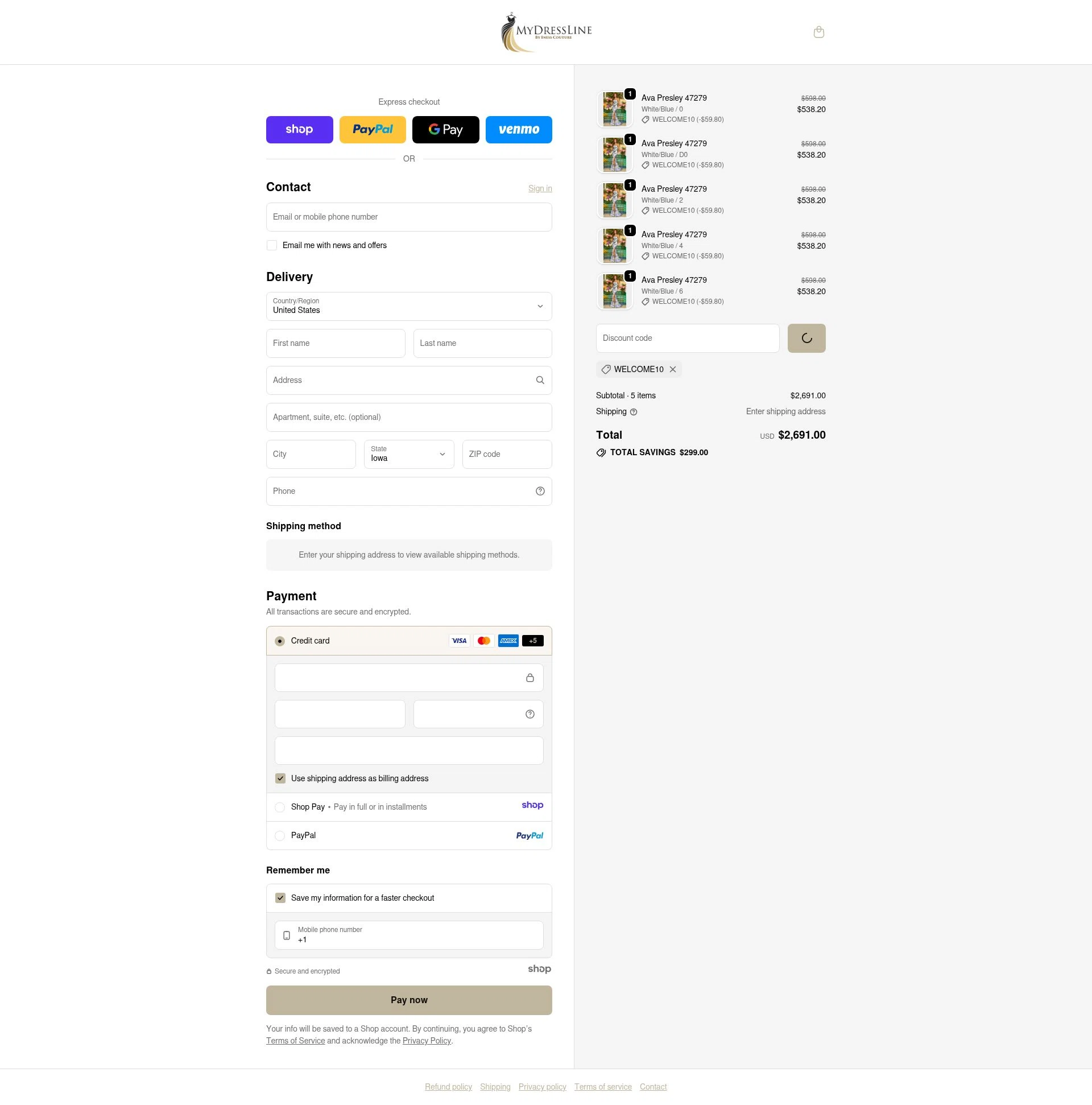 My Dress Line checkout page showing My Dress Line coupon code box | Screenshot taken by SimplyCodes community member on Dec 24, 2025