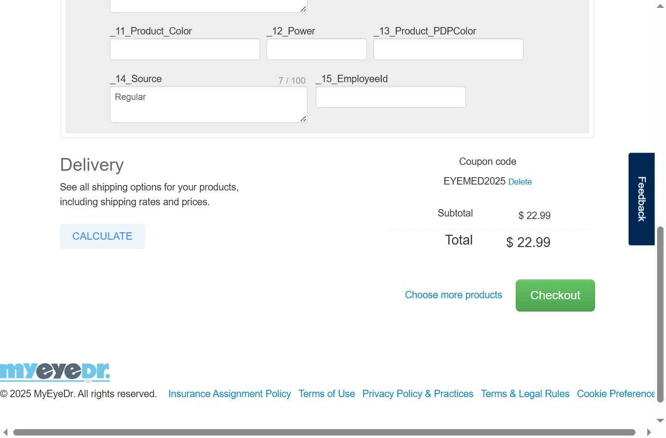 MyEyeDr. checkout page showing MyEyeDr. coupon code box | Screenshot taken by SimplyCodes community member on Jul 17, 2025