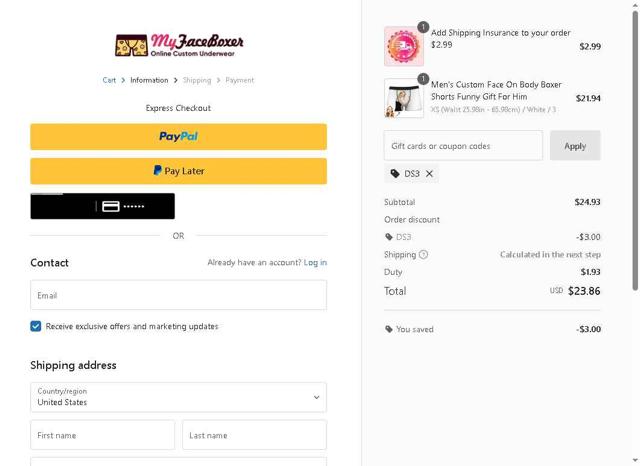 My Face Boxer checkout page showing My Face Boxer coupon code box | Screenshot taken by SimplyCodes community member on Aug 21, 2025