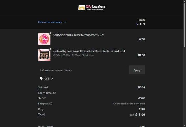 My Face Boxer checkout page showing My Face Boxer coupon code box | Screenshot taken by SimplyCodes community member on May 30, 2025