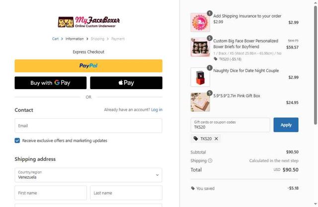 My Face Boxer checkout page showing My Face Boxer coupon code box | Screenshot taken by SimplyCodes community member on Aug 13, 2025