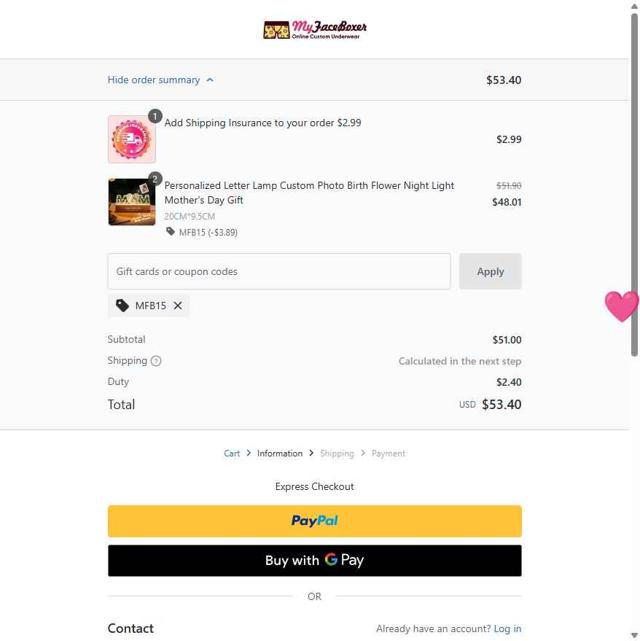 My Face Boxer checkout page showing My Face Boxer coupon code box | Screenshot taken by SimplyCodes community member on Apr 23, 2025
