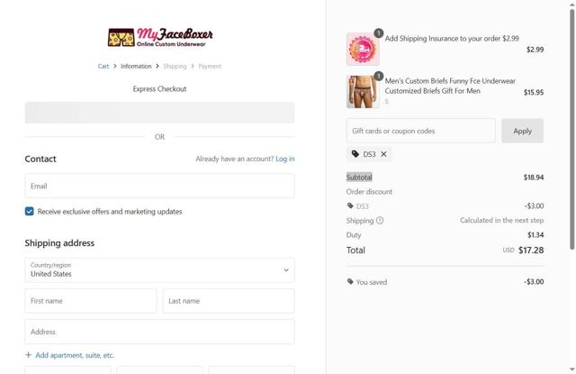 My Face Boxer checkout page showing My Face Boxer coupon code box | Screenshot taken by SimplyCodes community member on Jun 2, 2025