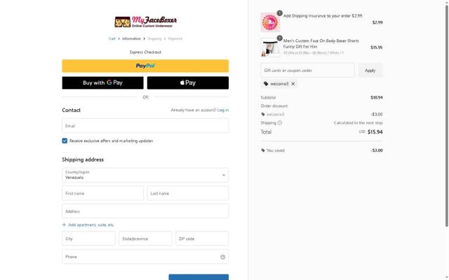 My Face Boxer checkout page showing My Face Boxer coupon code box | Screenshot taken by SimplyCodes community member on Sep 5, 2025