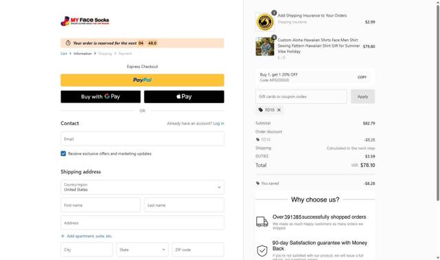 MyFaceSocks checkout page showing MyFaceSocks promo code box | Screenshot taken by SimplyCodes community member on Aug 21, 2025