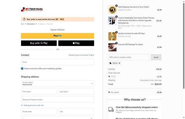 MyFaceSocks checkout page showing MyFaceSocks promo code box | Screenshot taken by SimplyCodes community member on Aug 15, 2025