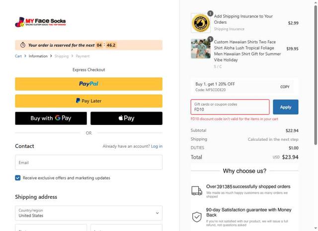 MyFaceSocks checkout page showing MyFaceSocks promo code box | Screenshot taken by SimplyCodes community member on Aug 15, 2025