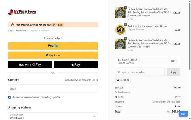 MyFaceSocks checkout page showing MyFaceSocks promo code box | Screenshot taken by SimplyCodes community member on Aug 29, 2025