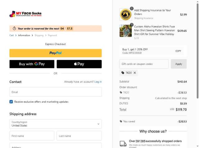 MyFaceSocks checkout page showing MyFaceSocks promo code box | Screenshot taken by SimplyCodes community member on Aug 15, 2025