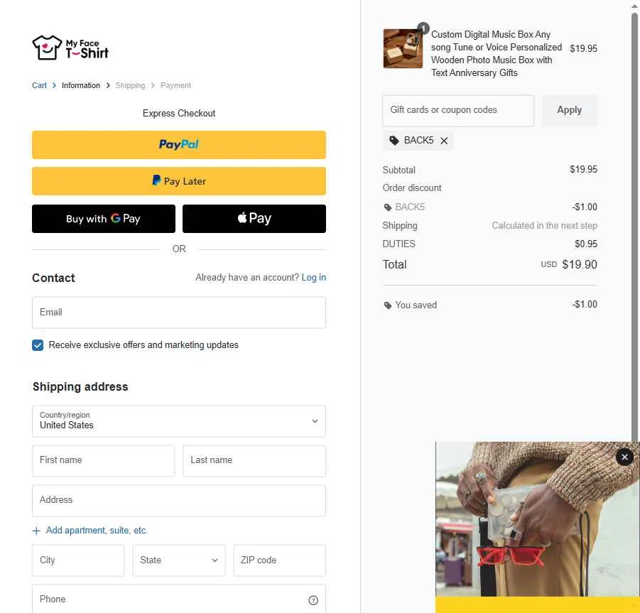 MyfaceTshirt checkout page showing MyfaceTshirt coupon code box | Screenshot taken by SimplyCodes community member on Jan 7, 2026