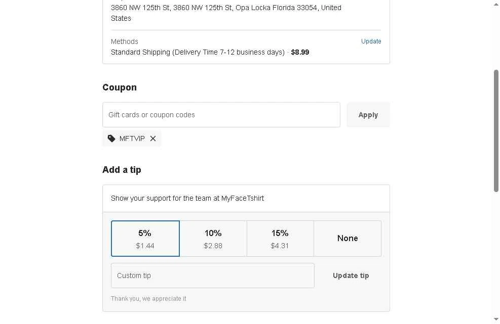 MyfaceTshirt checkout page showing MyfaceTshirt coupon code box | Screenshot taken by SimplyCodes community member on Dec 9, 2025