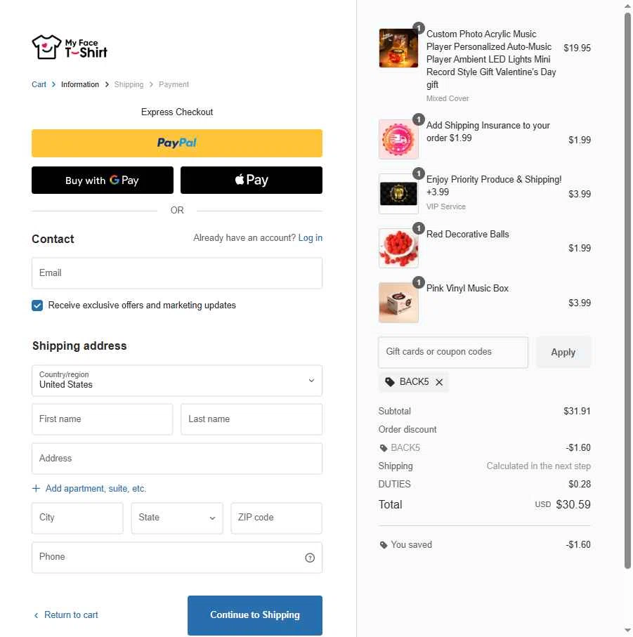 MyfaceTshirt checkout page showing MyfaceTshirt coupon code box | Screenshot taken by SimplyCodes community member on Feb 5, 2026