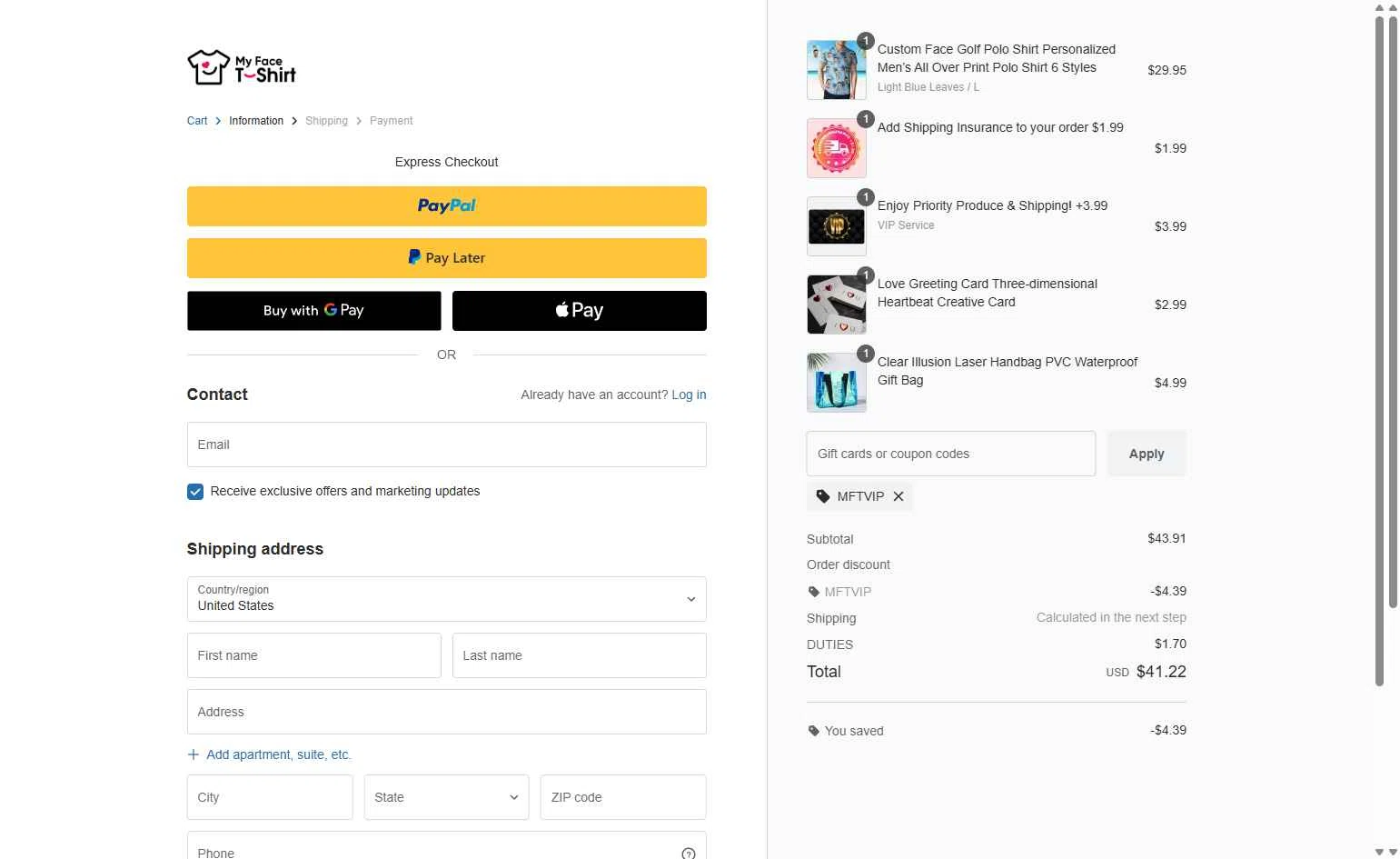 MyfaceTshirt checkout page showing MyfaceTshirt coupon code box | Screenshot taken by SimplyCodes community member on Nov 23, 2025