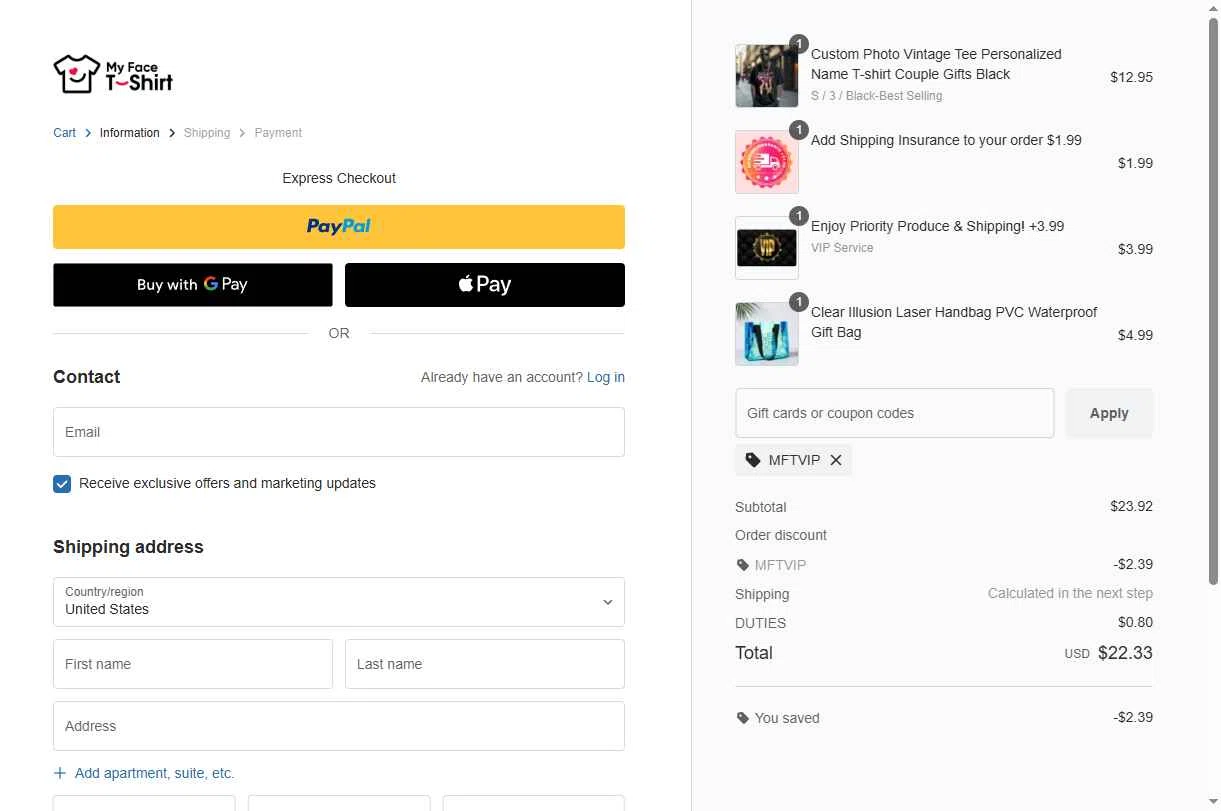 MyfaceTshirt checkout page showing MyfaceTshirt coupon code box | Screenshot taken by SimplyCodes community member on Feb 5, 2026