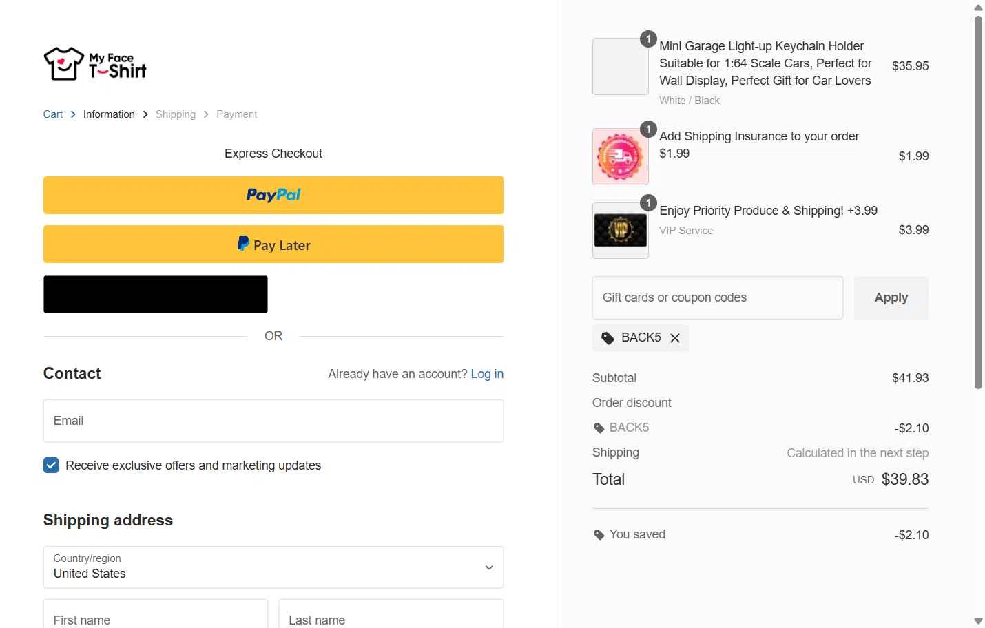 MyfaceTshirt checkout page showing MyfaceTshirt coupon code box | Screenshot taken by SimplyCodes community member on Dec 9, 2025