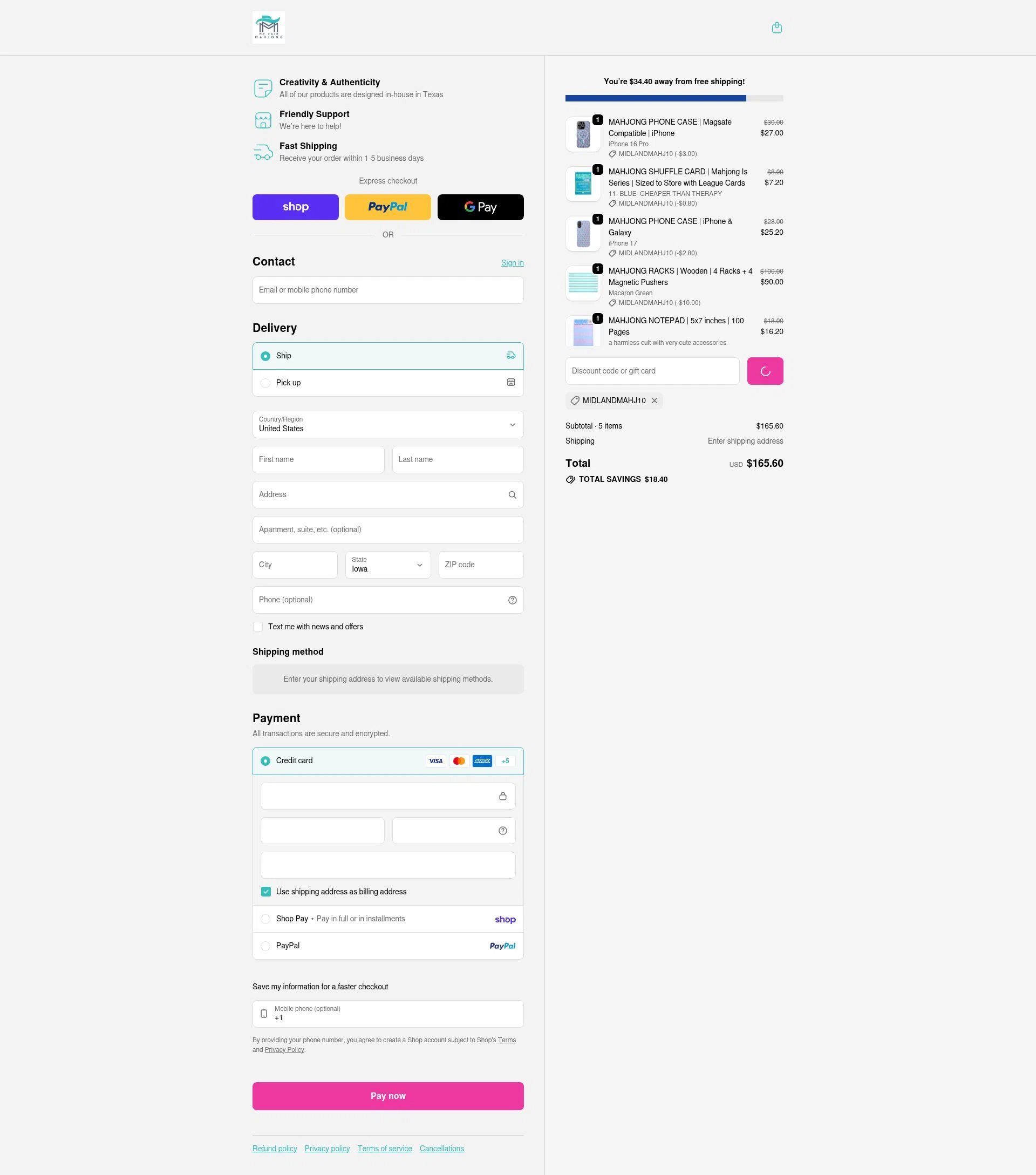 My Fair Mahjong checkout page showing My Fair Mahjong discount code box | Screenshot taken by SimplyCodes community member on Feb 5, 2026