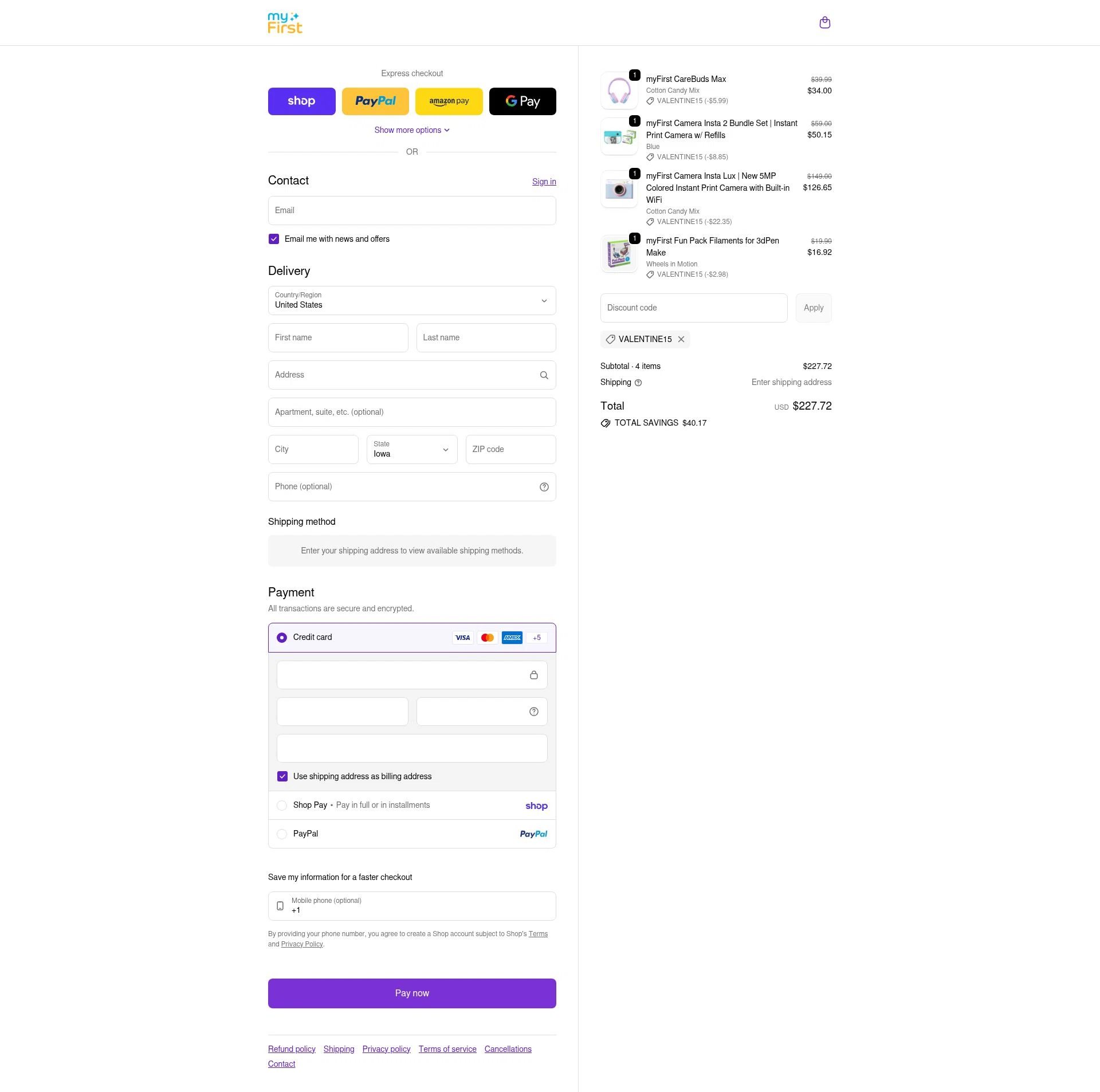 myFirst US checkout page showing myFirst US promo code box | Screenshot taken by SimplyCodes community member on Feb 13, 2026