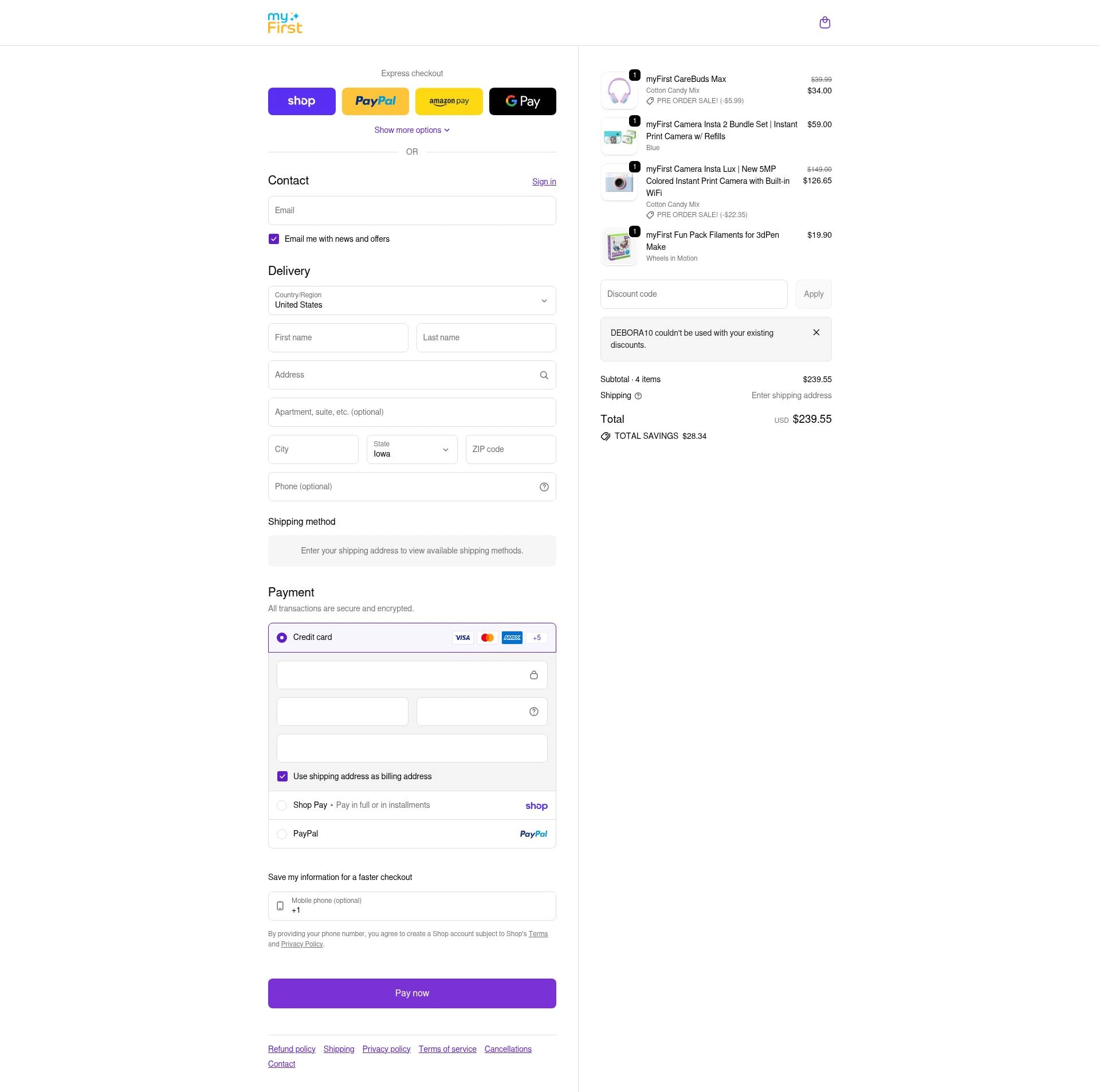 myFirst US checkout page showing myFirst US promo code box | Screenshot taken by SimplyCodes community member on Feb 13, 2026