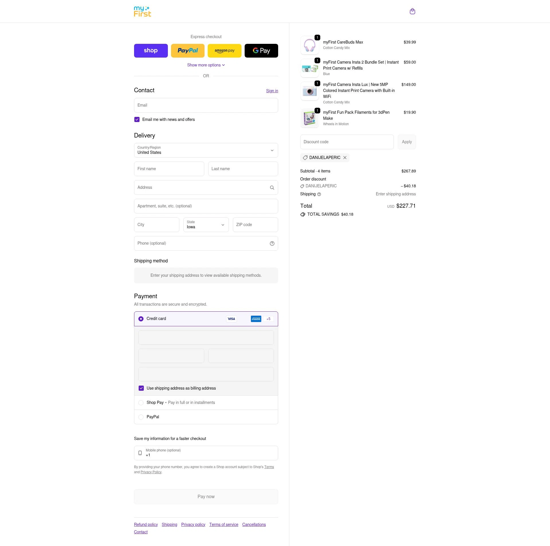 myFirst US checkout page showing myFirst US promo code box | Screenshot taken by SimplyCodes community member on Feb 13, 2026