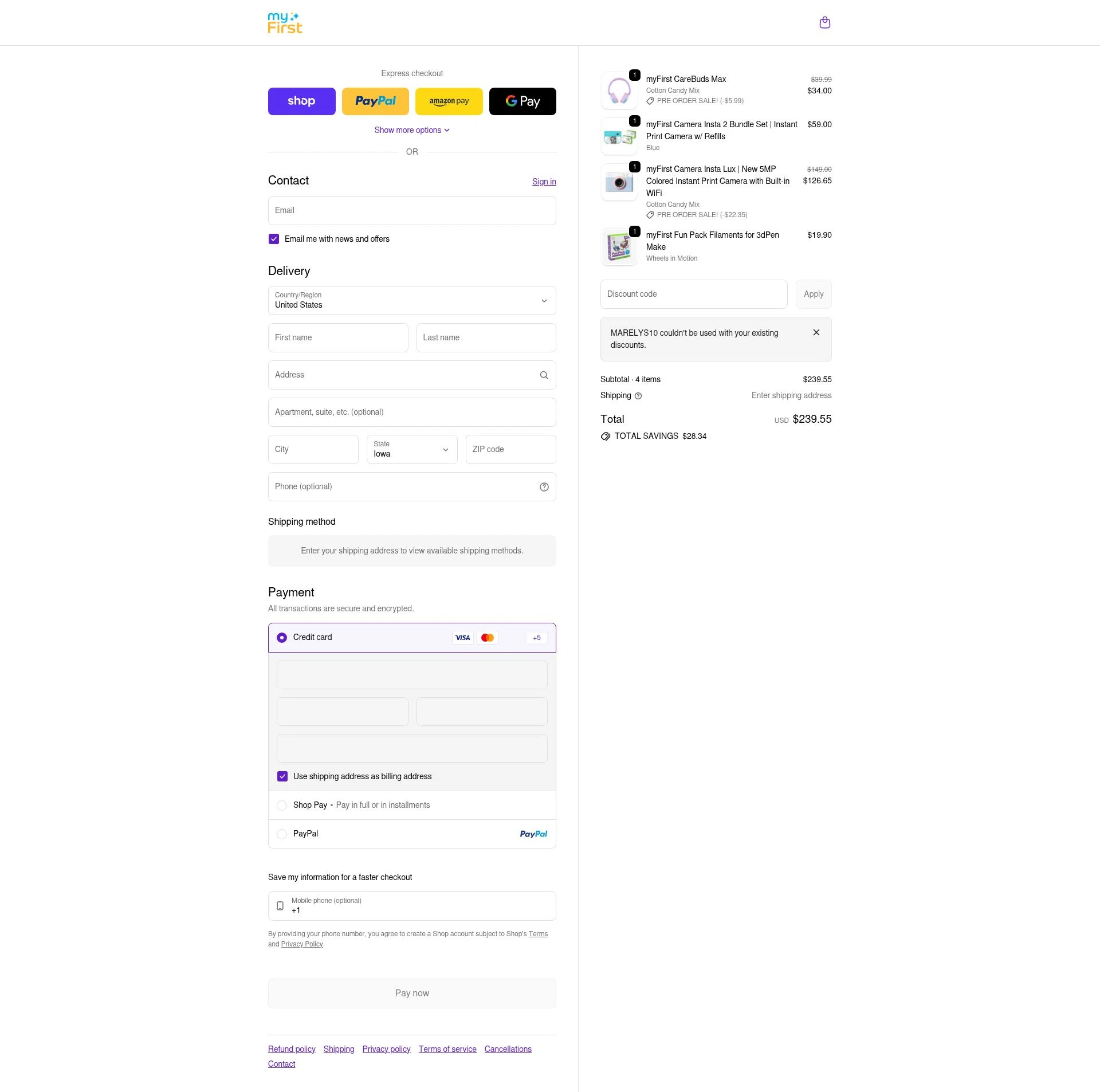 myFirst US checkout page showing myFirst US promo code box | Screenshot taken by SimplyCodes community member on Feb 13, 2026