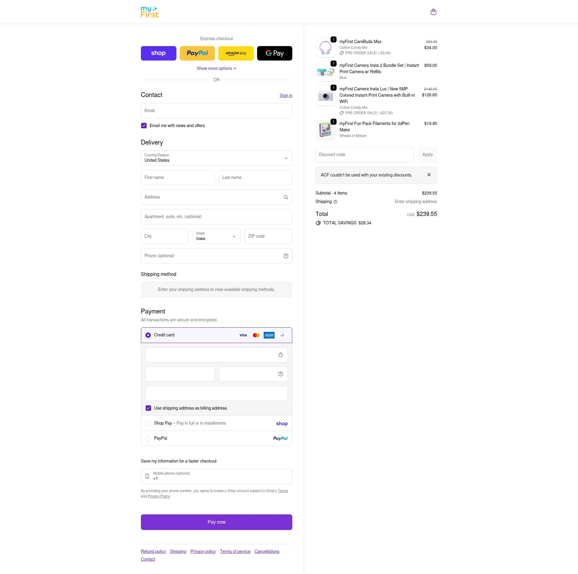 myFirst US checkout page showing myFirst US promo code box | Screenshot taken by SimplyCodes community member on Feb 13, 2026