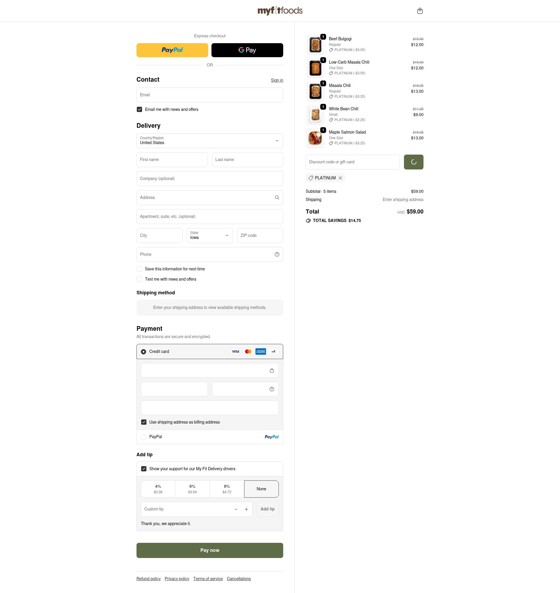 My Fit Foods checkout page showing My Fit Foods promo code box | Screenshot taken by SimplyCodes community member on Feb 22, 2026