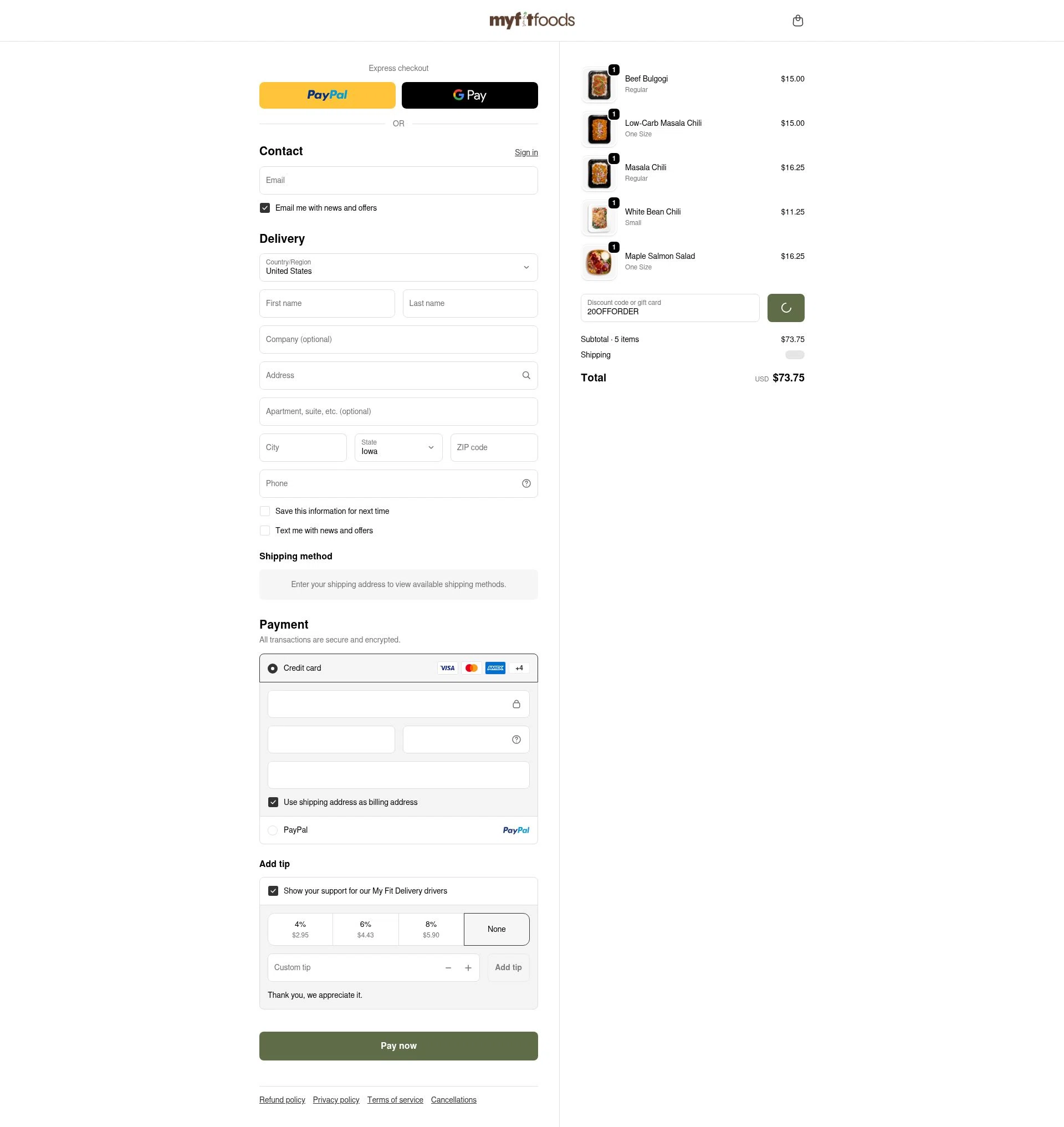 My Fit Foods checkout page showing My Fit Foods promo code box | Screenshot taken by SimplyCodes community member on Feb 18, 2026