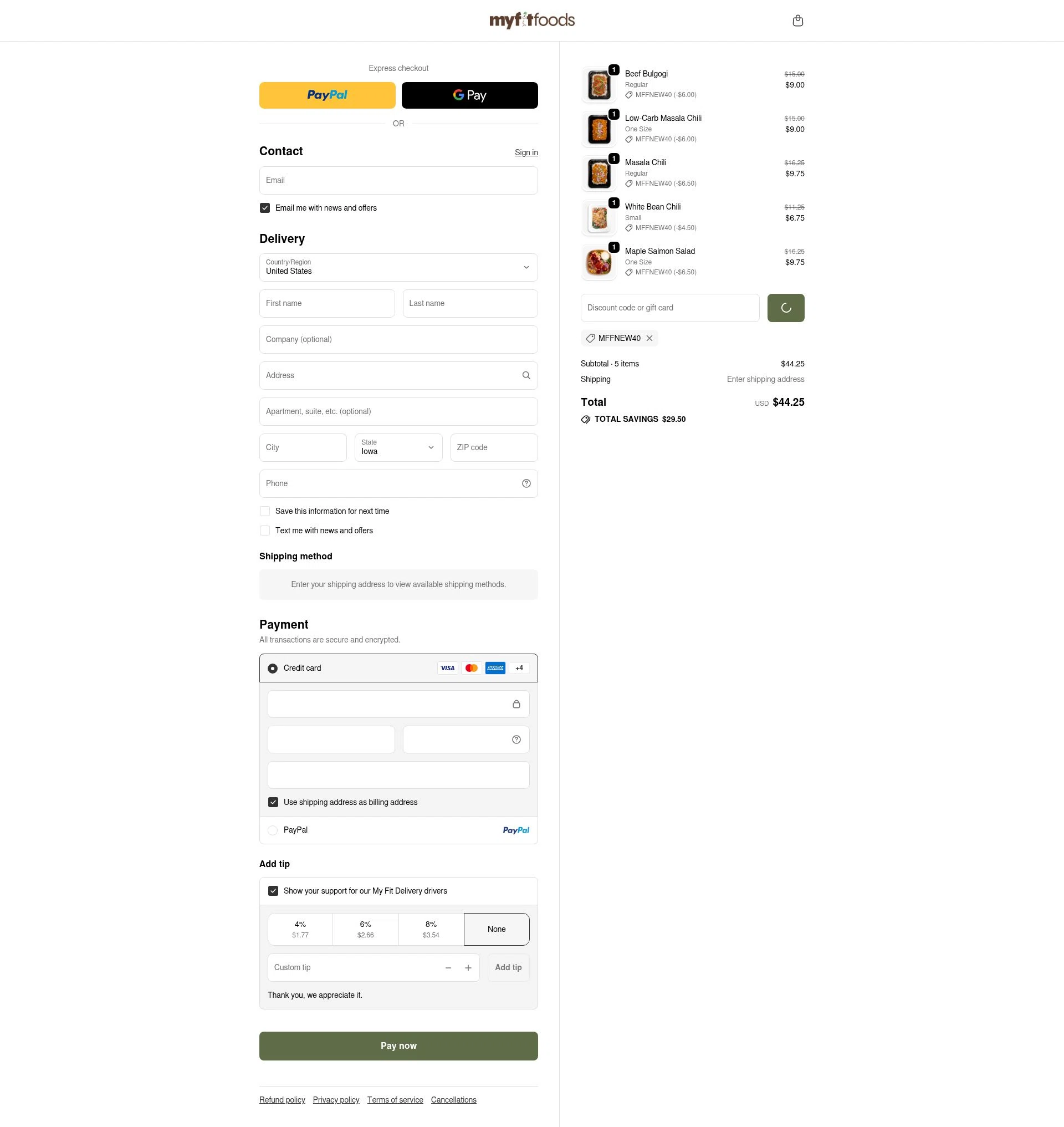 My Fit Foods checkout page showing My Fit Foods promo code box | Screenshot taken by SimplyCodes community member on Feb 18, 2026