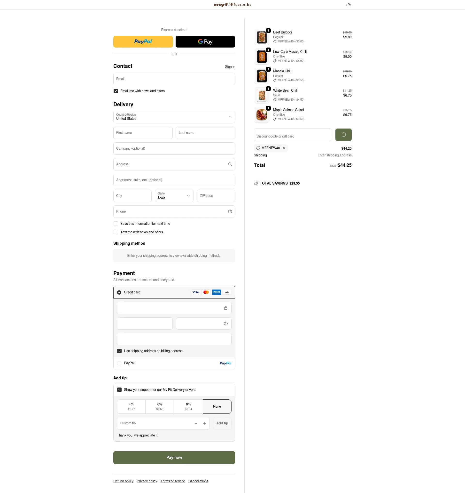 My Fit Foods checkout page showing My Fit Foods promo code box | Screenshot taken by SimplyCodes community member on Feb 22, 2026