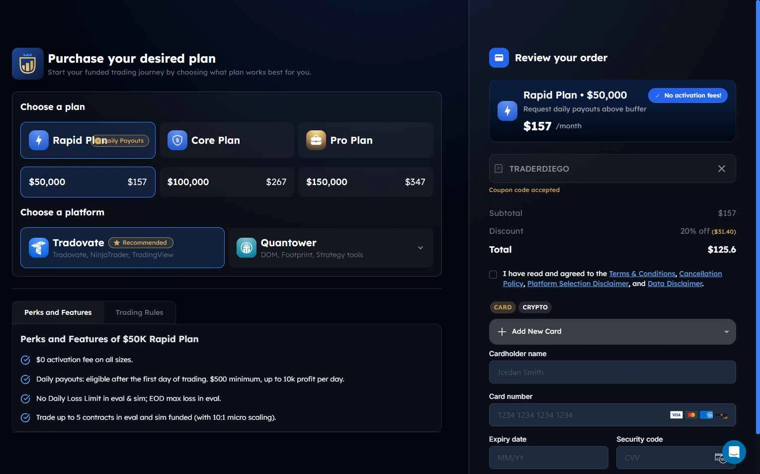 My Funded Futures checkout page showing My Funded Futures discount code box | Screenshot taken by SimplyCodes community member on Jan 5, 2026