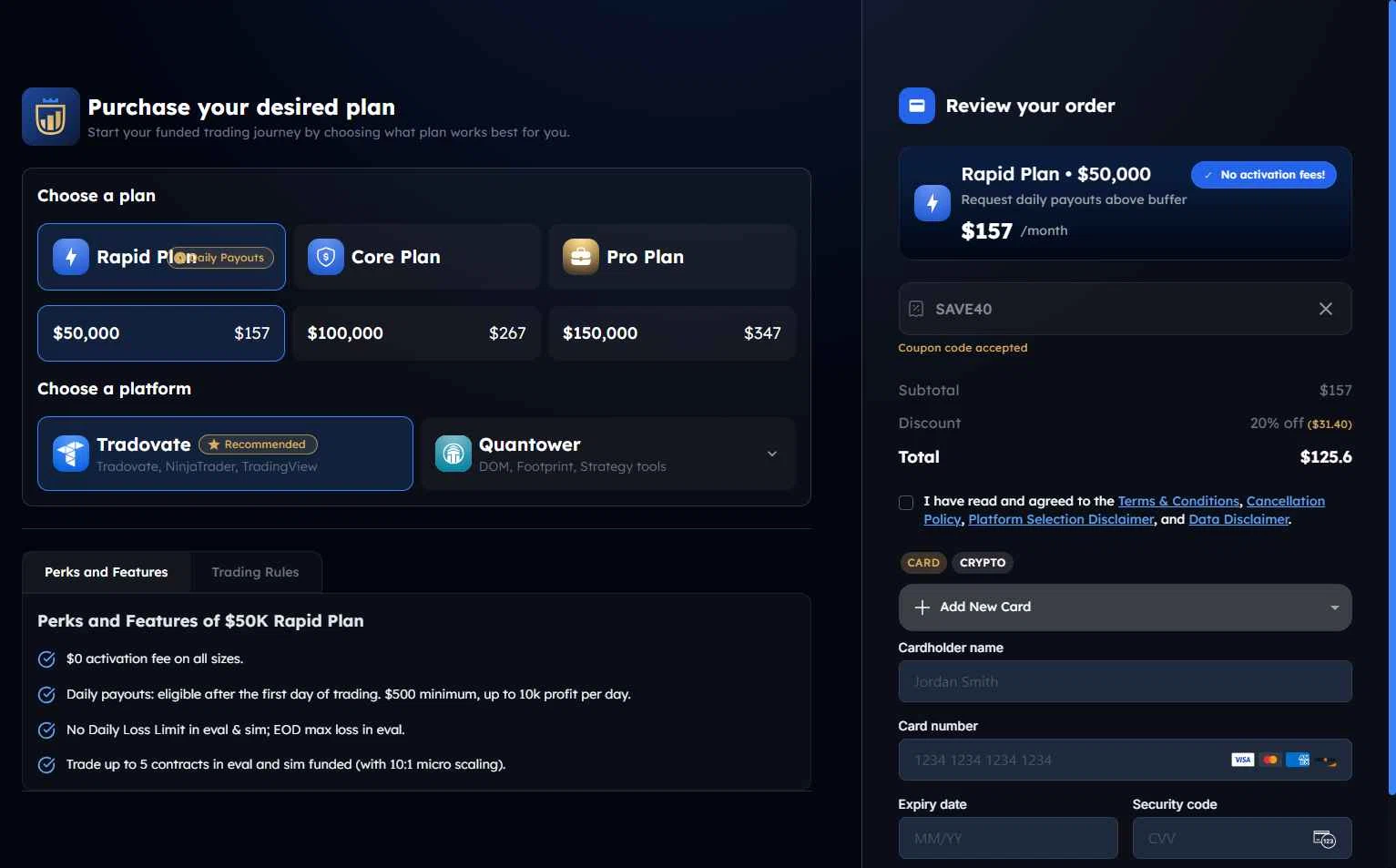 My Funded Futures checkout page showing My Funded Futures discount code box | Screenshot taken by SimplyCodes community member on Jan 8, 2026