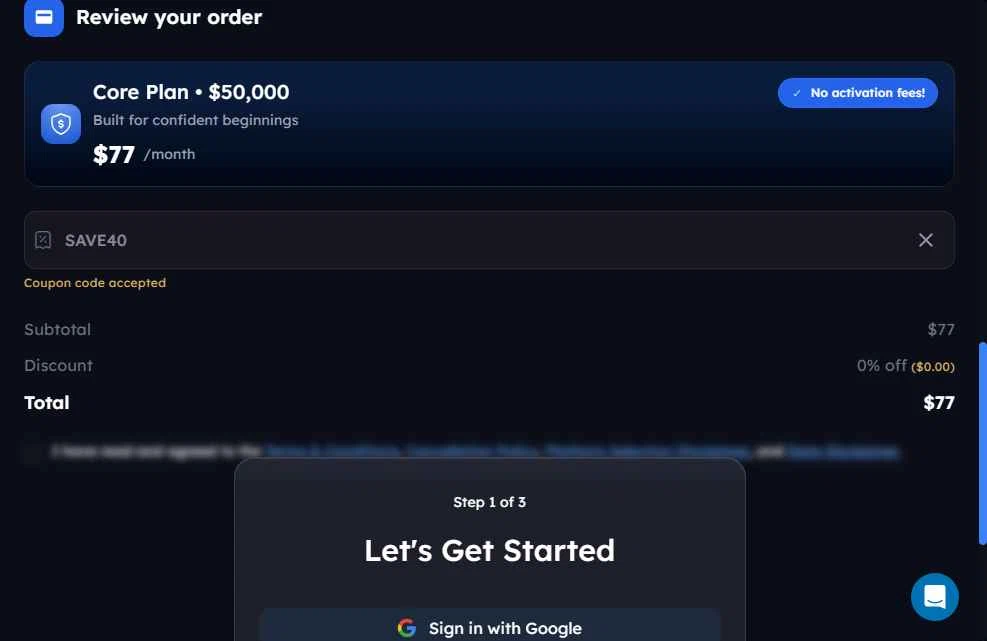 My Funded Futures checkout page showing My Funded Futures discount code box | Screenshot taken by SimplyCodes community member on Jan 2, 2026
