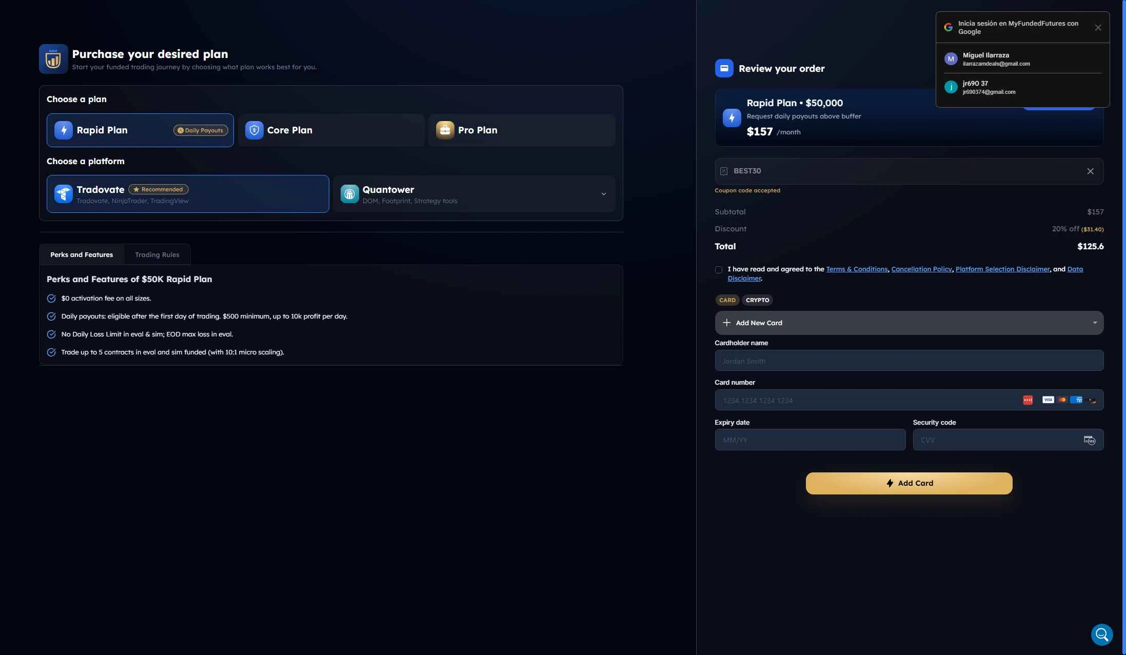 My Funded Futures checkout page showing My Funded Futures discount code box | Screenshot taken by SimplyCodes community member on Jan 4, 2026