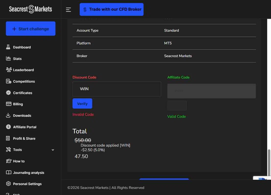 My Funded Futures checkout page showing My Funded Futures discount code box | Screenshot taken by SimplyCodes community member on Jan 5, 2026