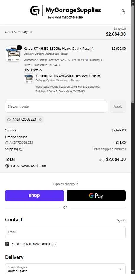 My Garage Supplies checkout page showing My Garage Supplies discount code box | Screenshot taken by SimplyCodes community member on Jan 7, 2026