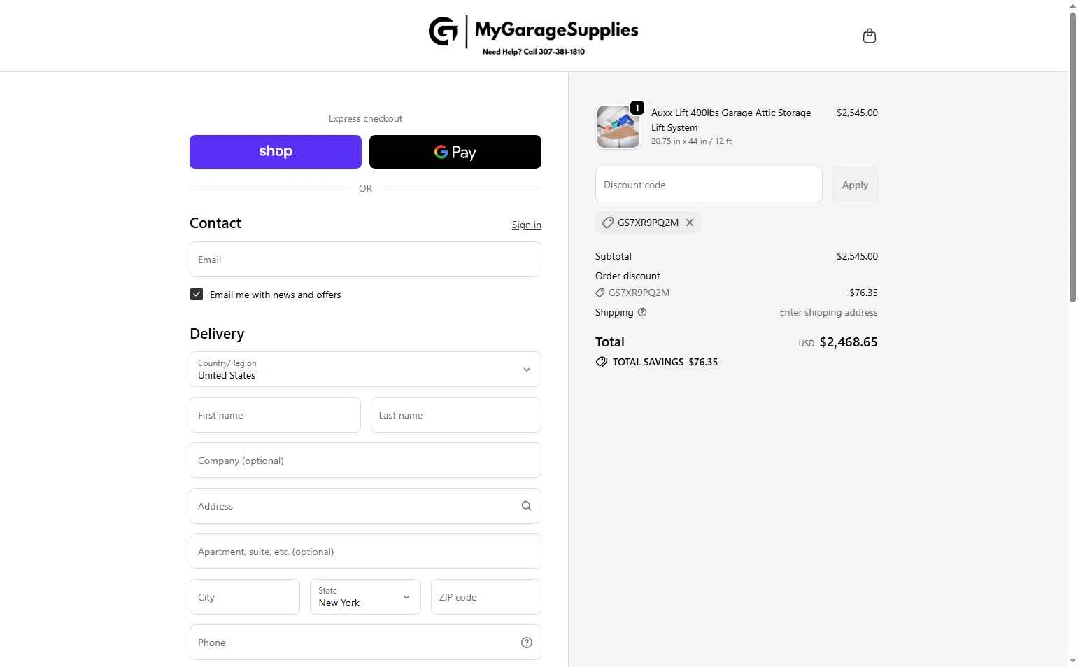 My Garage Supplies checkout page showing My Garage Supplies discount code box | Screenshot taken by SimplyCodes community member on Jan 1, 2026