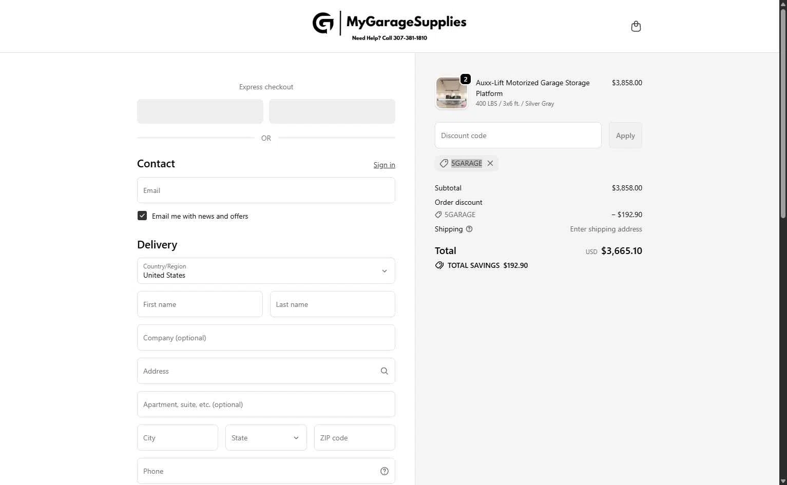 My Garage Supplies checkout page showing My Garage Supplies discount code box | Screenshot taken by SimplyCodes community member on Jan 7, 2026