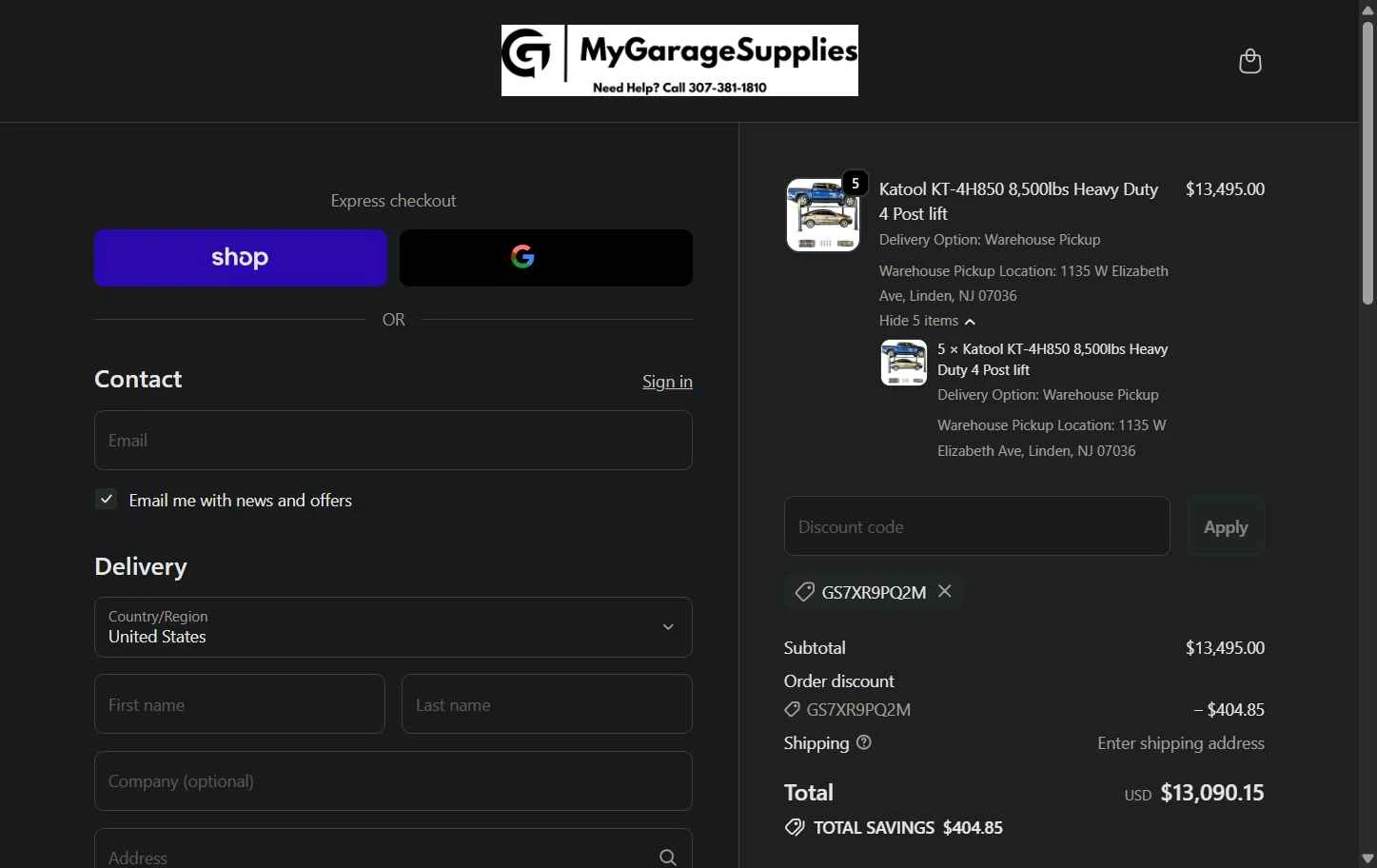 My Garage Supplies checkout page showing My Garage Supplies discount code box | Screenshot taken by SimplyCodes community member on Jan 30, 2026