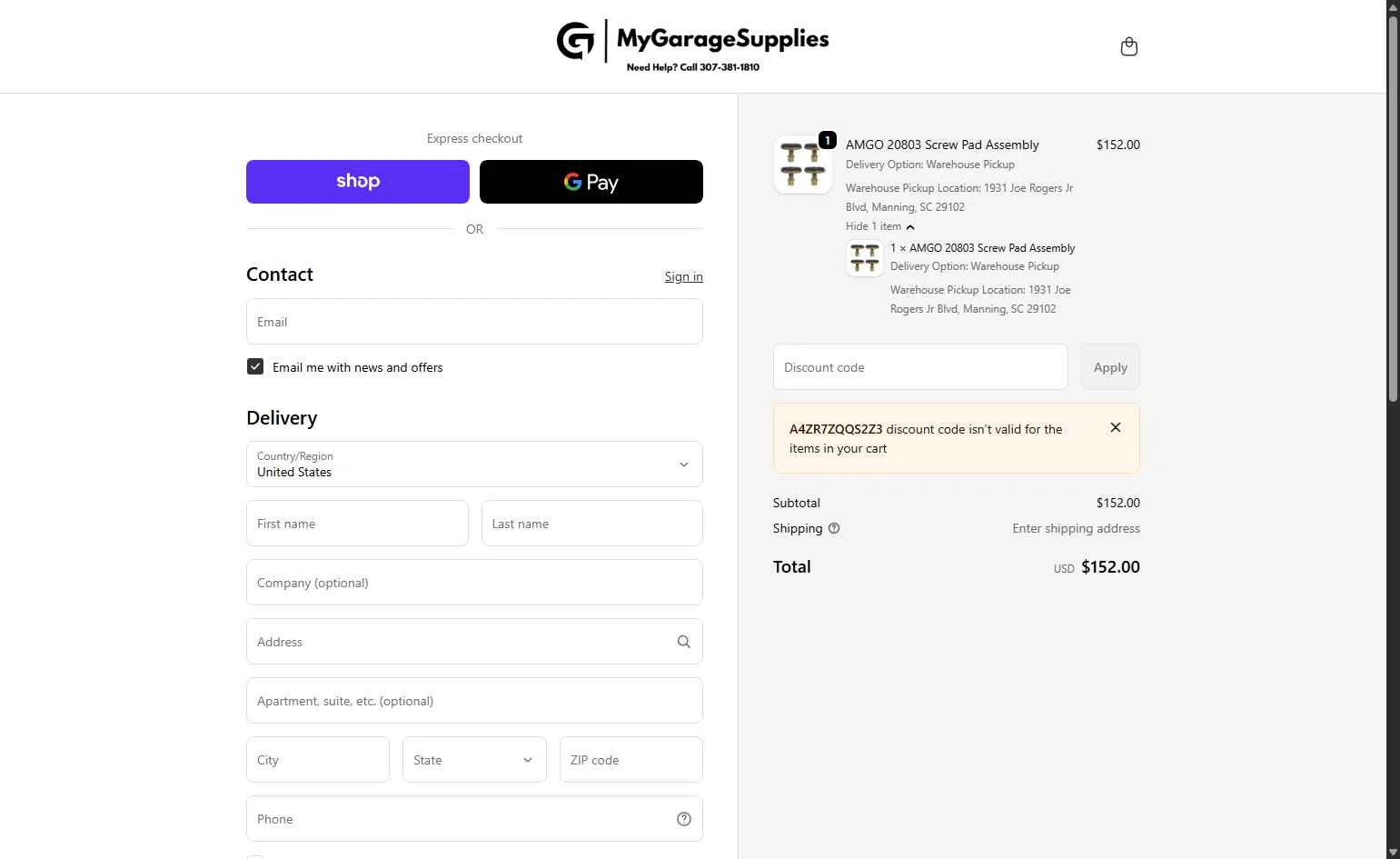 My Garage Supplies checkout page showing My Garage Supplies discount code box | Screenshot taken by SimplyCodes community member on Feb 5, 2026