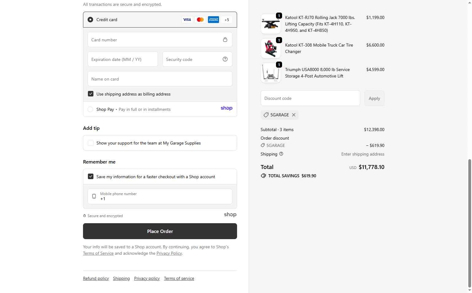 My Garage Supplies checkout page showing My Garage Supplies discount code box | Screenshot taken by SimplyCodes community member on Dec 9, 2025