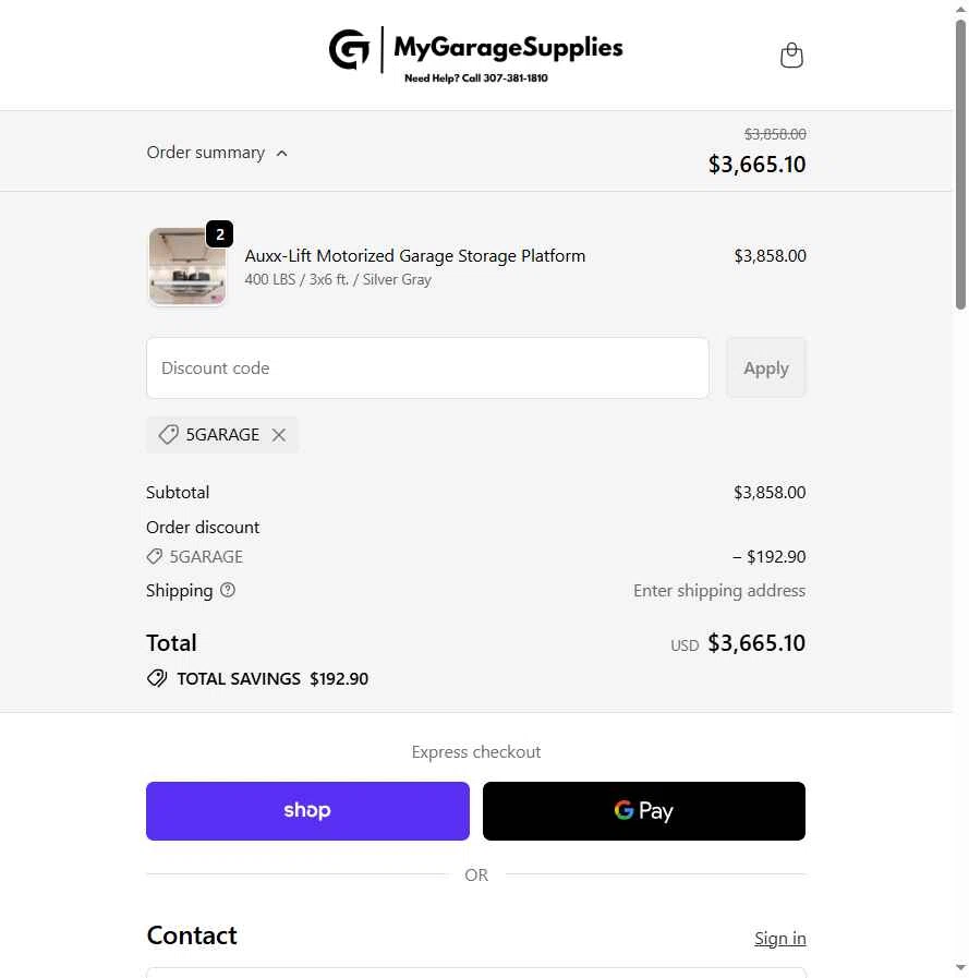 My Garage Supplies checkout page showing My Garage Supplies discount code box | Screenshot taken by SimplyCodes community member on Feb 5, 2026