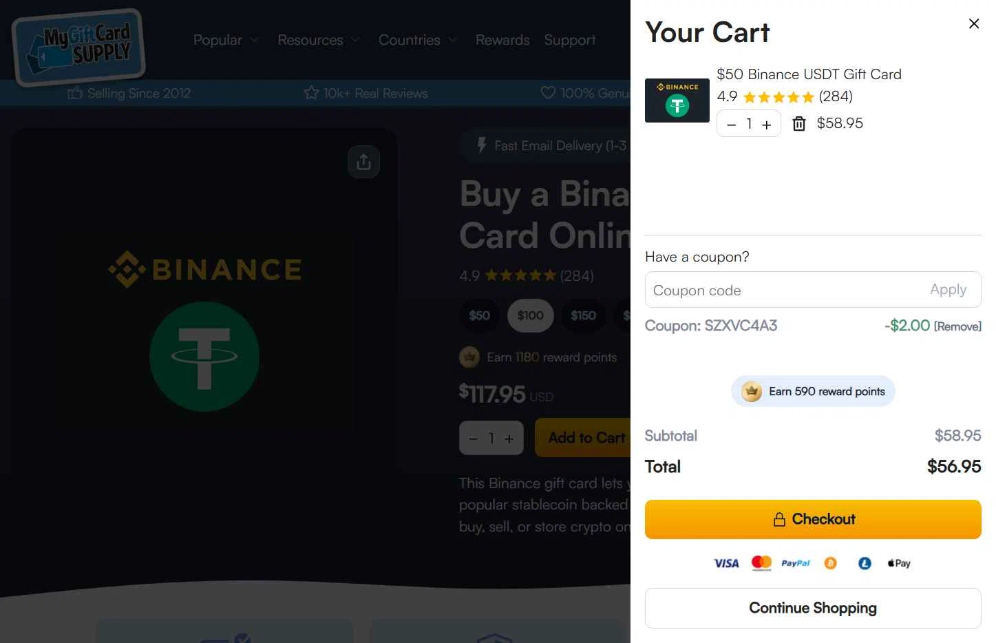 MyGiftCardSupply checkout page showing MyGiftCardSupply promo code box | Screenshot taken by SimplyCodes community member on Jan 28, 2026