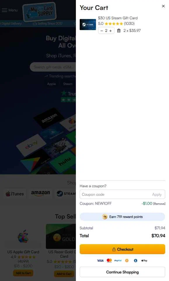 MyGiftCardSupply checkout page showing MyGiftCardSupply promo code box | Screenshot taken by SimplyCodes community member on Nov 19, 2025