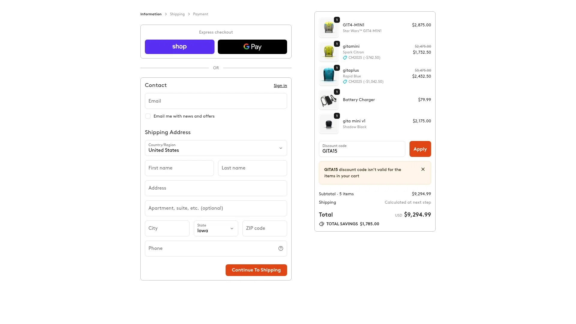 Piaggio Fast Forward checkout page showing Piaggio Fast Forward promo code box | Screenshot taken by SimplyCodes community member on Dec 15, 2025