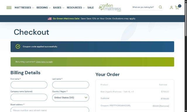 My Green Mattress checkout page showing My Green Mattress coupon code box | Screenshot taken by SimplyCodes community member on Aug 5, 2025