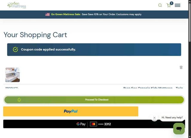 My Green Mattress checkout page showing My Green Mattress coupon code box | Screenshot taken by SimplyCodes community member on Aug 6, 2025