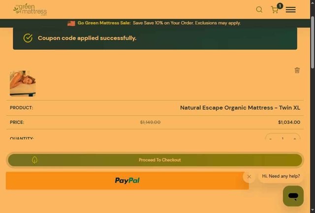 My Green Mattress checkout page showing My Green Mattress coupon code box | Screenshot taken by SimplyCodes community member on Aug 4, 2025